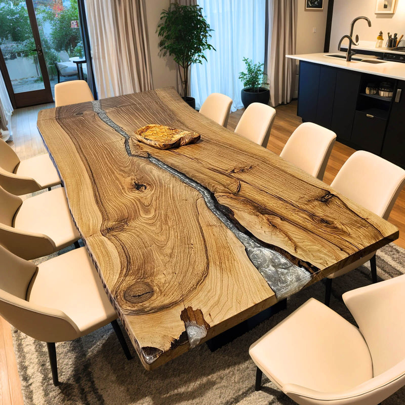 Custom Walnut Epoxy Resin River Table Silver Resin WRT-32