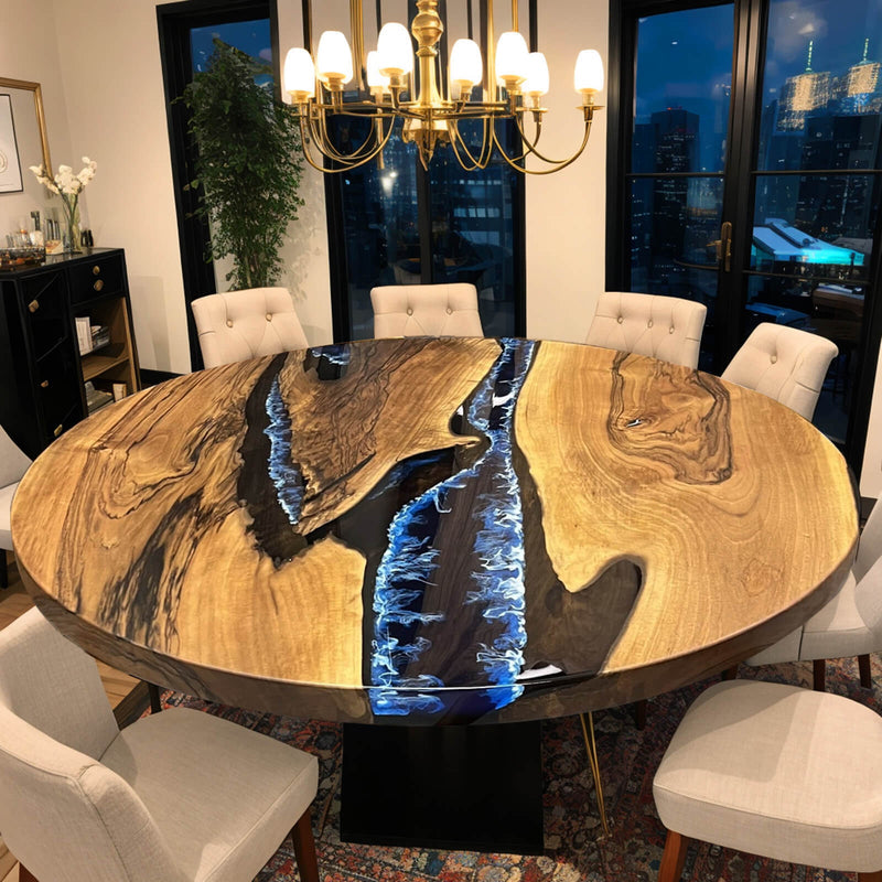 Custom Walnut Epoxy Resin Round Coffee Table Blue Ocean CRT-52