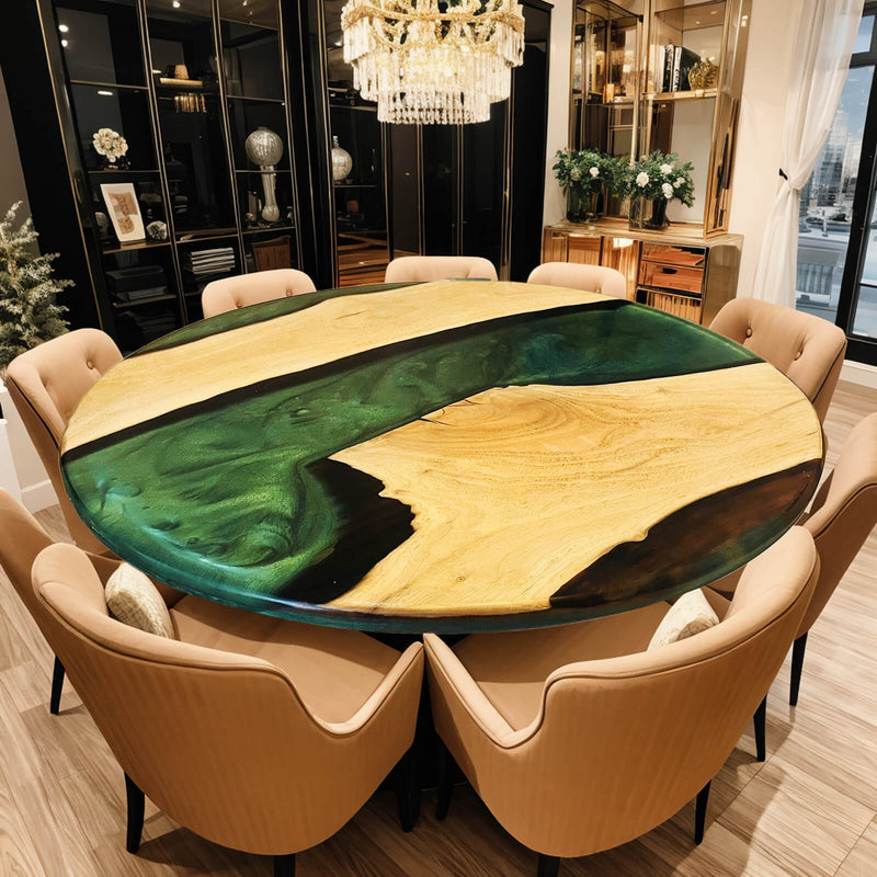 Custom Walnut Epoxy Resin Round Coffee Table Green Resin CRT-51