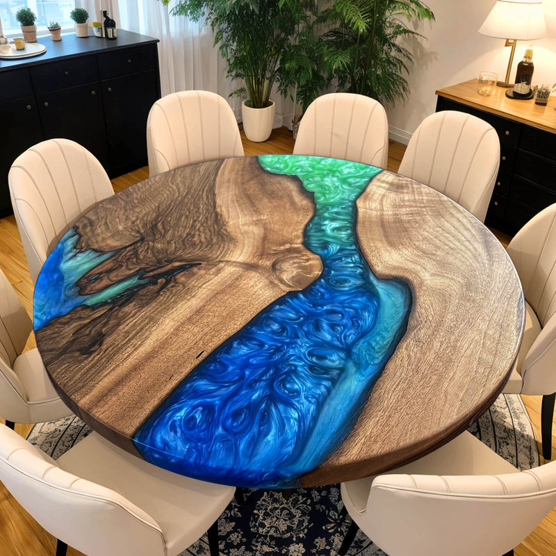 Custom Walnut Epoxy Resin Round Coffee Table Green Blue Resin CRT-56