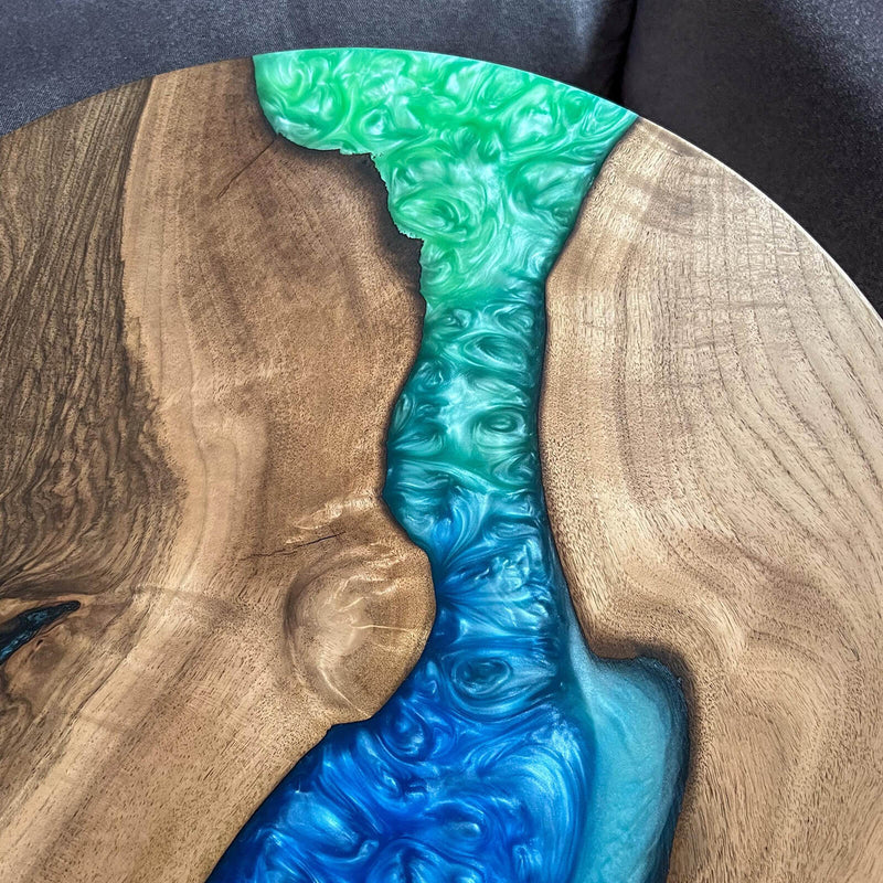 Custom Walnut Epoxy Resin Round Coffee Table Green Blue Resin CRT-56