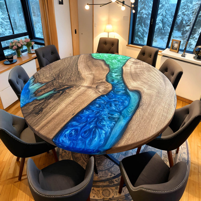 Custom Walnut Epoxy Resin Round Coffee Table Green Blue Resin CRT-56
