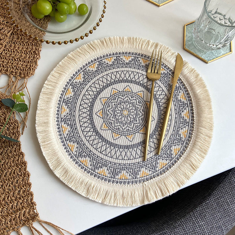 Nordic Bohemian Woven Cotton Coaster Placemat Fabric Tassel Heat-insulated Mat