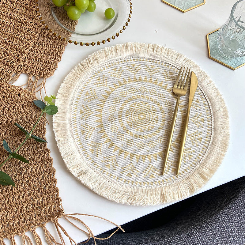 Nordic Bohemian Woven Cotton Coaster Placemat Fabric Tassel Heat-insulated Mat