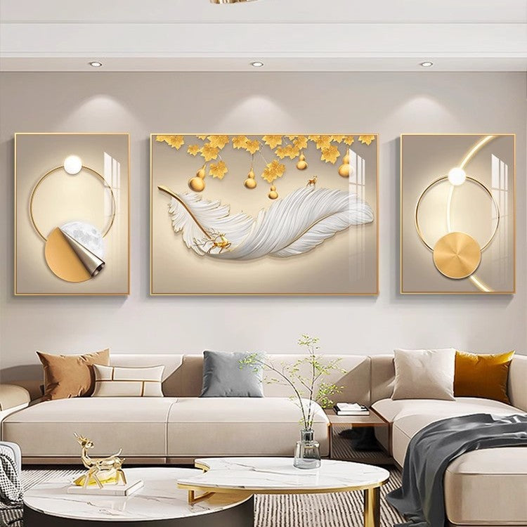 Modern Light Luxury Sofa Background Wall Painting Three-panel Feather Mural for Living Room