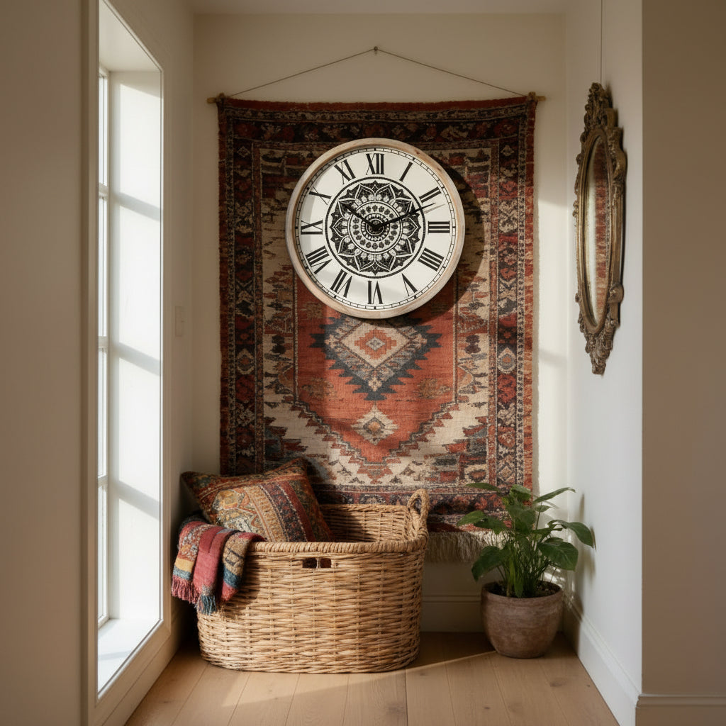 Retro Mandala Silent Wall Clock Living Room Roman Numeral Quartz Movement Clock