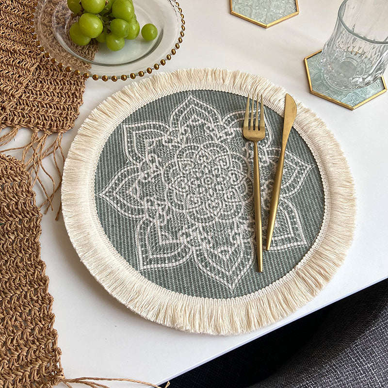 Nordic Bohemian Woven Cotton Coaster Placemat Fabric Tassel Heat-insulated Mat