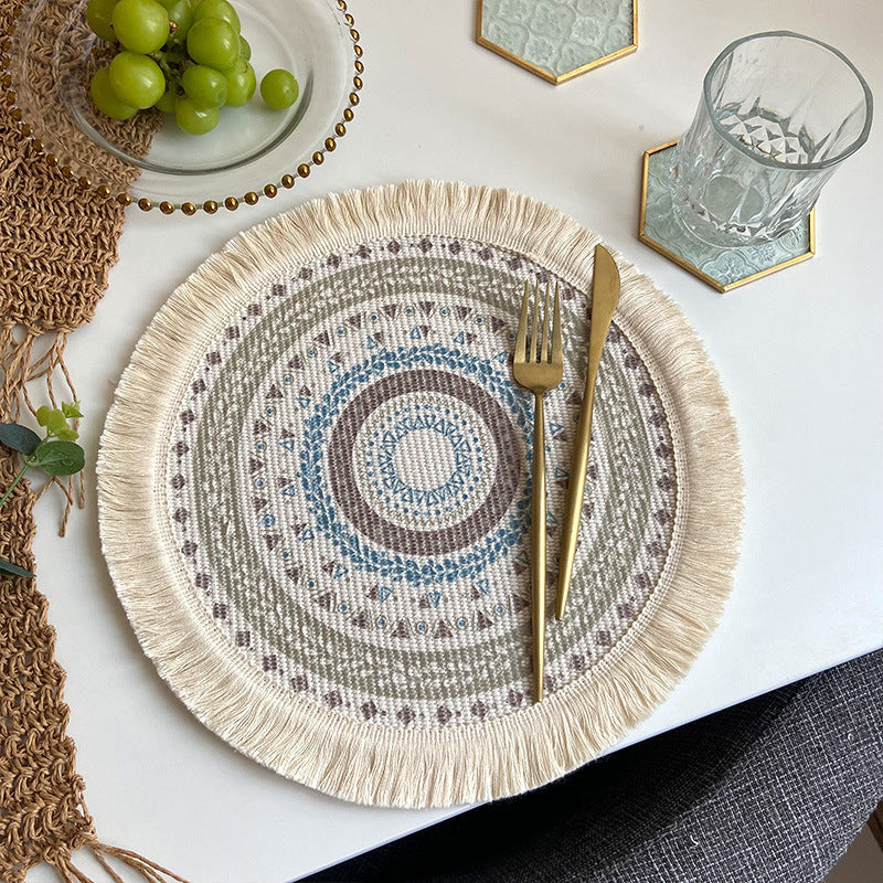 Nordic Bohemian Woven Cotton Coaster Placemat Fabric Tassel Heat-insulated Mat