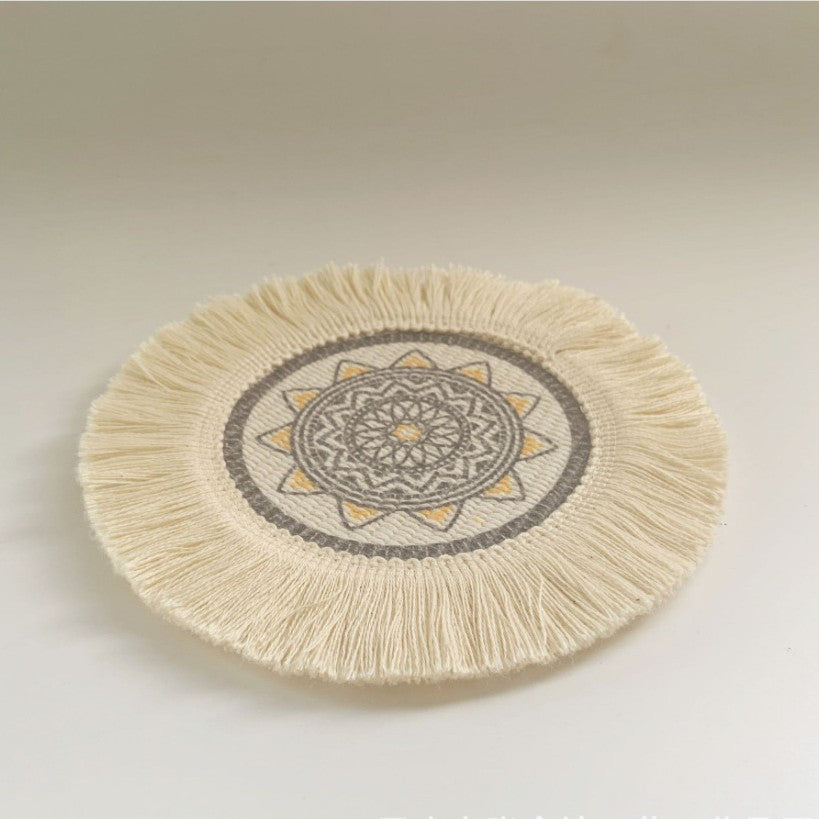Nordic Bohemian Woven Cotton Coaster Placemat Fabric Tassel Heat-insulated Mat