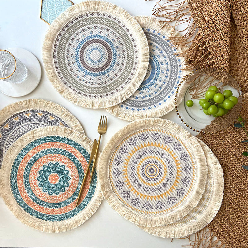 Nordic Bohemian Woven Cotton Coaster Placemat Fabric Tassel Heat-insulated Mat