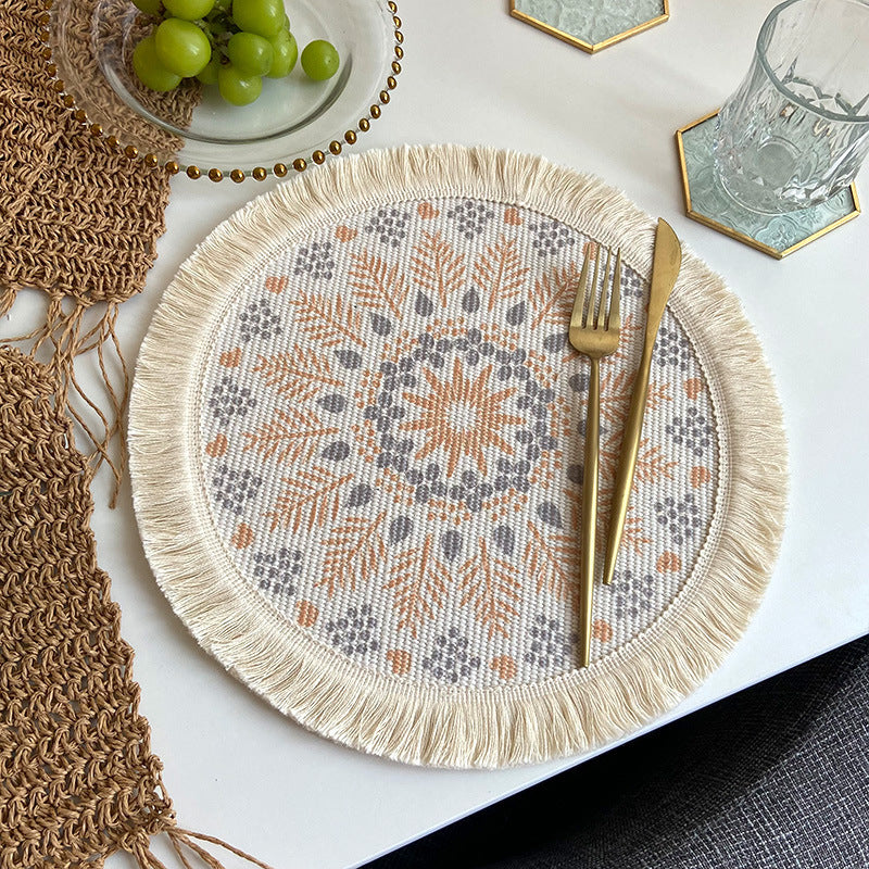 Nordic Bohemian Woven Cotton Coaster Placemat Fabric Tassel Heat-insulated Mat