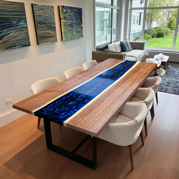 Custom Black Walnut and Deep Blue Epoxy Dining Table BRT-47