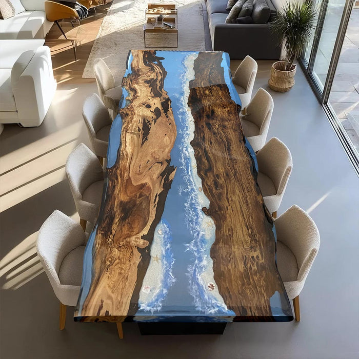 Custom Live Edge Olive Epoxy Ocean Waves Table ORT-56
