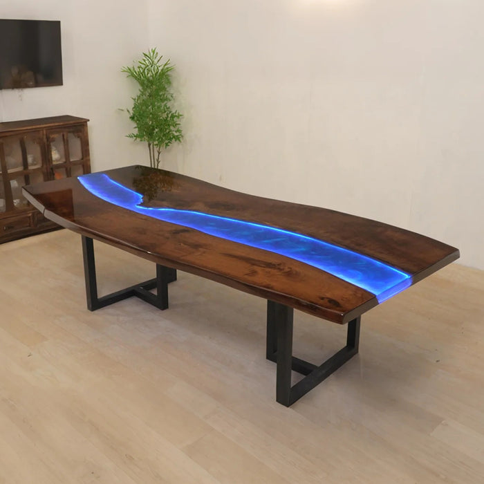 Handmade Black Walnut Epoxy River Table with LED Lights Ocean Blue Resin BRT-41