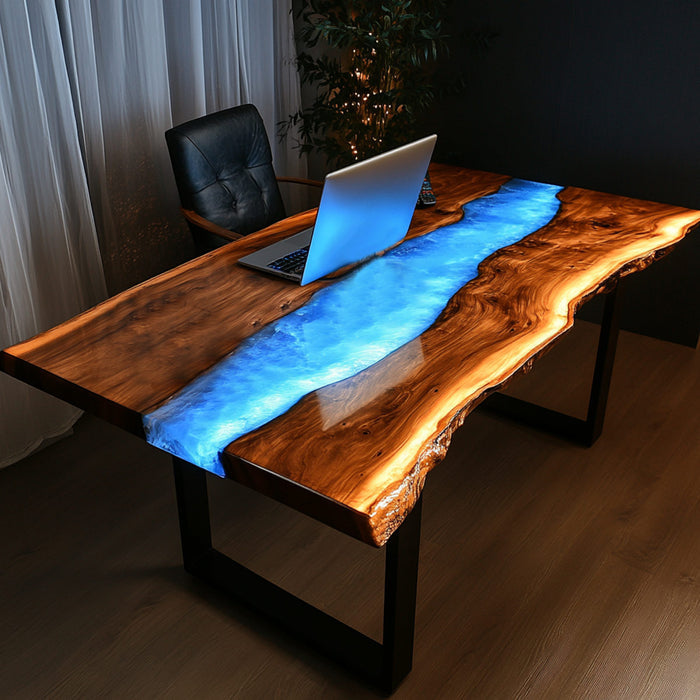 Black Walnut Live Edge Blue LED Lights Epoxy Conference Table BRT-86