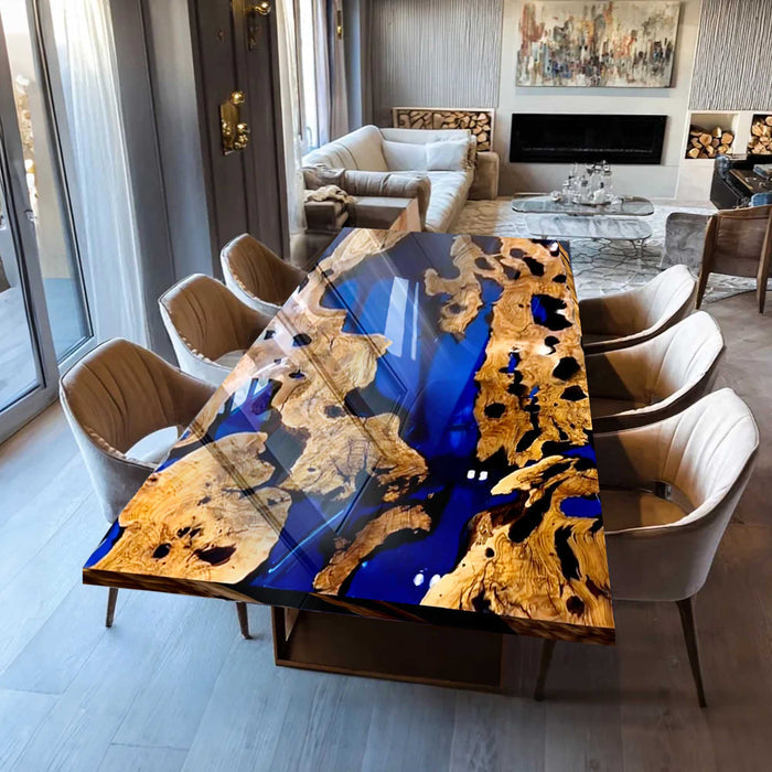 Unique Natural Burl Wood and Deep Blue Epoxy Table NRT-03