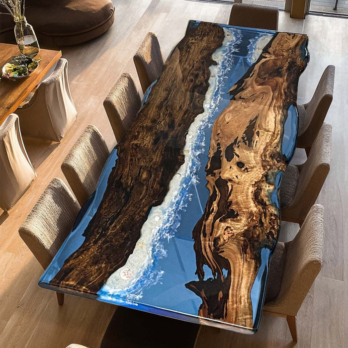 Custom Live Edge Olive Epoxy Ocean Waves Table ORT-56