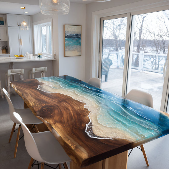 Custom Black Walnut Epoxy Ocean Waves Table for Dining Room BRT-54