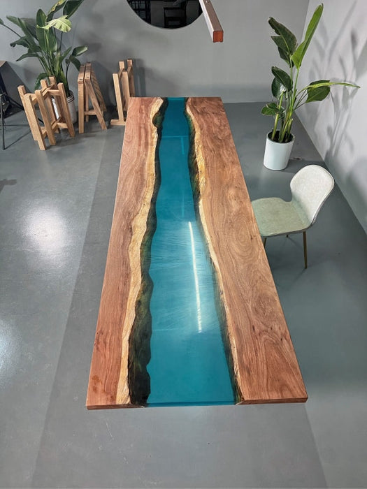 Custom Walnut Wood Clear Blue Epoxy River Conference Table WRT-59