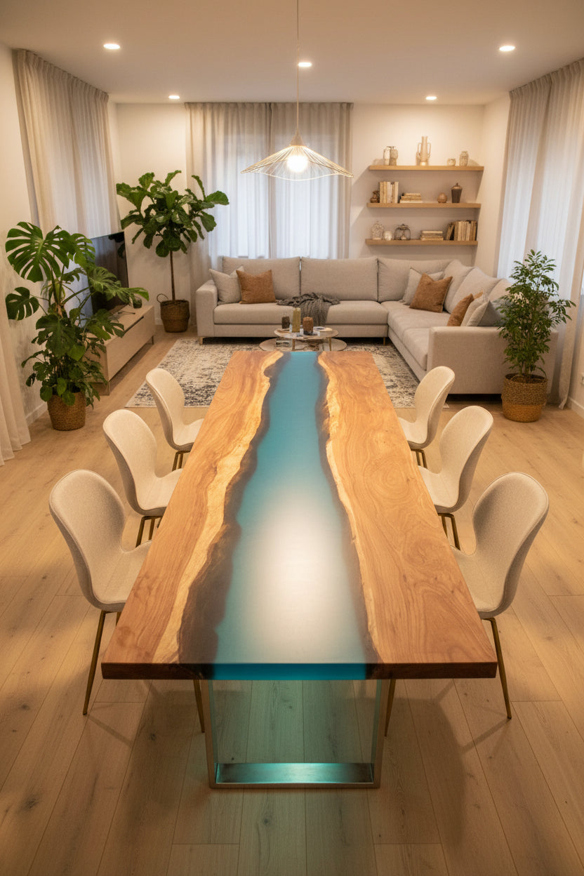 Custom Walnut Wood Clear Blue Epoxy River Conference Table WRT-59