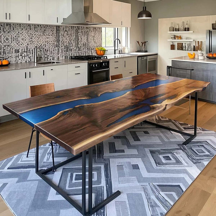 Custom Live Edge Black Walnut Resin River Dining Table BRT-44