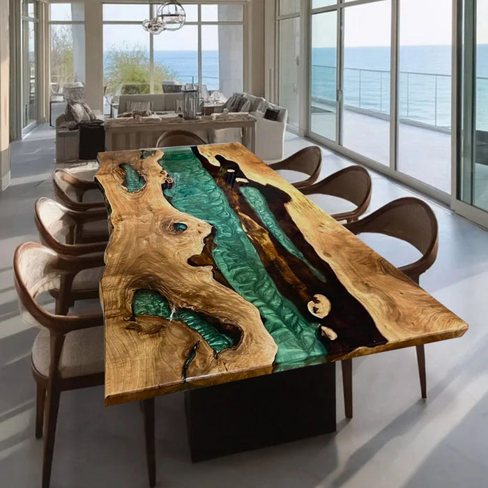 Live Edge Olive Green Epoxy River Dining Table ORT-55