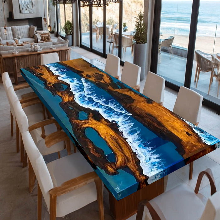 Custom Live Edge Golden Camphor Ocean Waves Epoxy Resin Table GRT-01