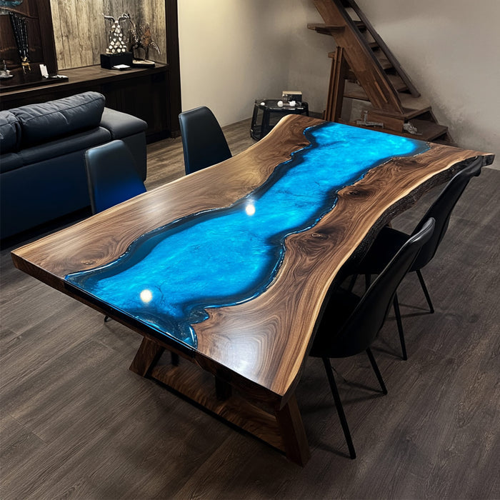 Black Walnut Live Edge Blue LED Lights Epoxy Conference Table BRT-86