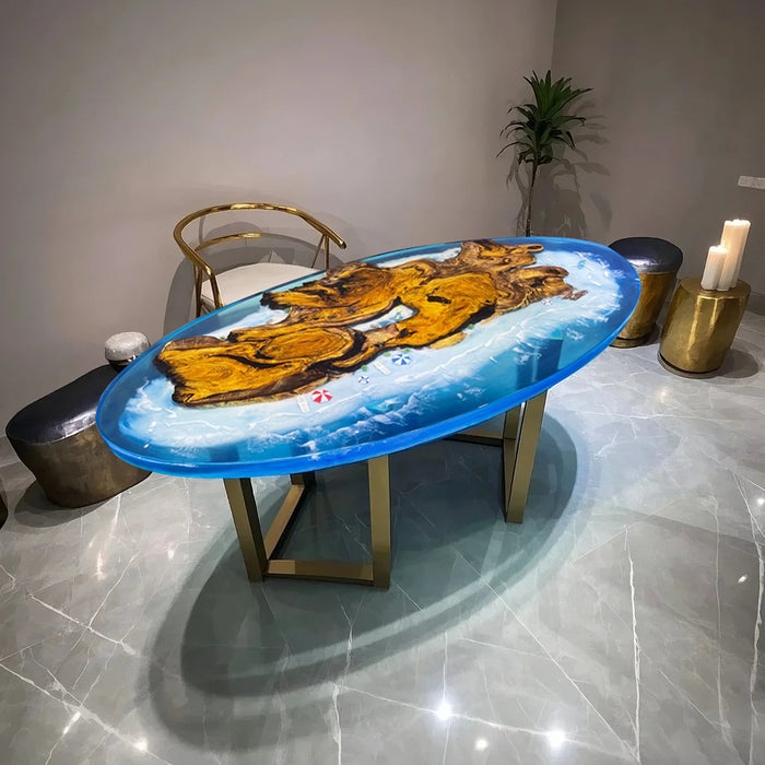 Artisian Golden Camphor Oval Table with Ocean Blue Epoxy Resin GRT-02