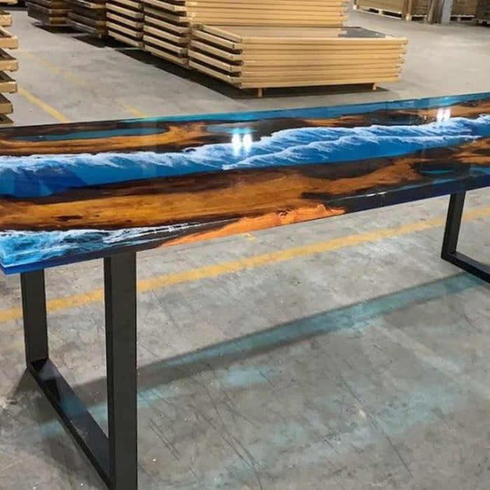Custom Live Edge Golden Camphor Ocean Waves Epoxy Resin Table GRT-01