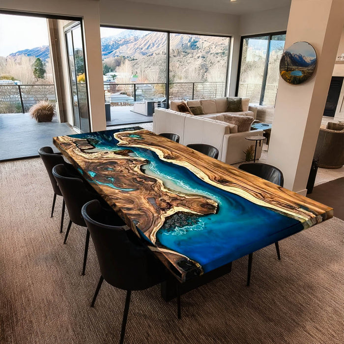 Handcrafted Black Walnut Ocean Blue Epoxy Resin Table BRT-55