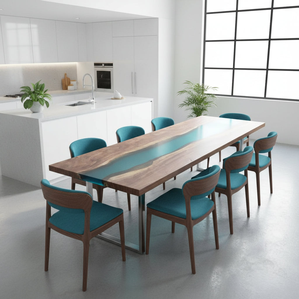 Custom Walnut Wood Clear Blue Epoxy River Conference Table WRT-59