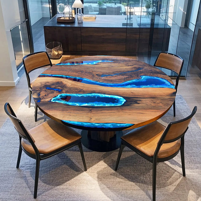 Luxury Black Walnut Epoxy River Round Coffee Table Blue Waves CRT-05