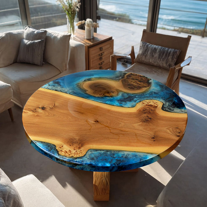 Custom Round Walnut Epoxy Coffee Table with Ocean Blue Resin CRT-17