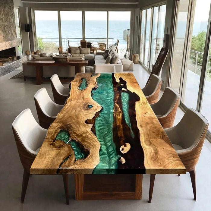 Live Edge Olive Green Epoxy River Dining Table ORT-55