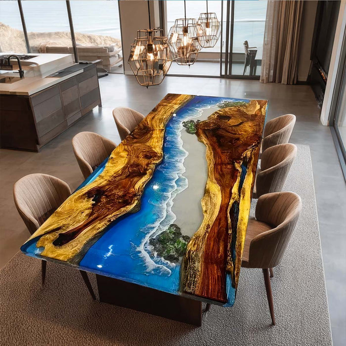 Handmade Live Edge Walnut Epoxy Resin Ocean Waves Dining Table WRT-91