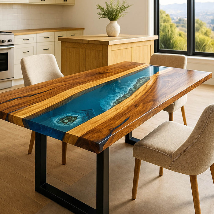 Blue River Epoxy Dining Table with Black Walnut Live Edge BRT-53