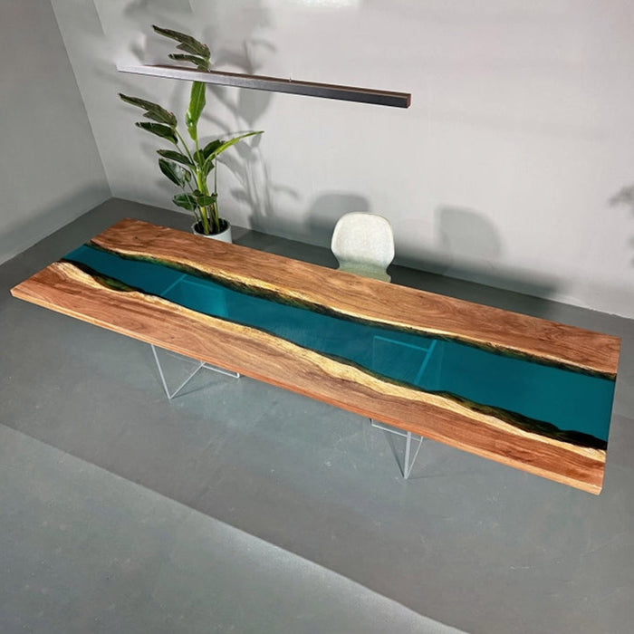 Custom Walnut Wood Clear Blue Epoxy River Conference Table WRT-59