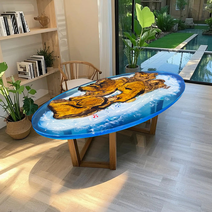 Artisian Golden Camphor Oval Table with Ocean Blue Epoxy Resin GRT-02