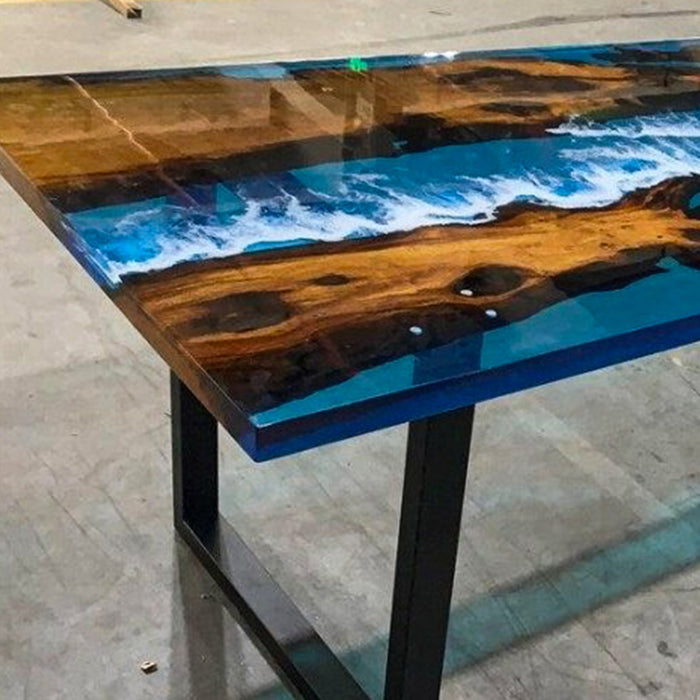 Custom Live Edge Golden Camphor Ocean Waves Epoxy Resin Table GRT-01