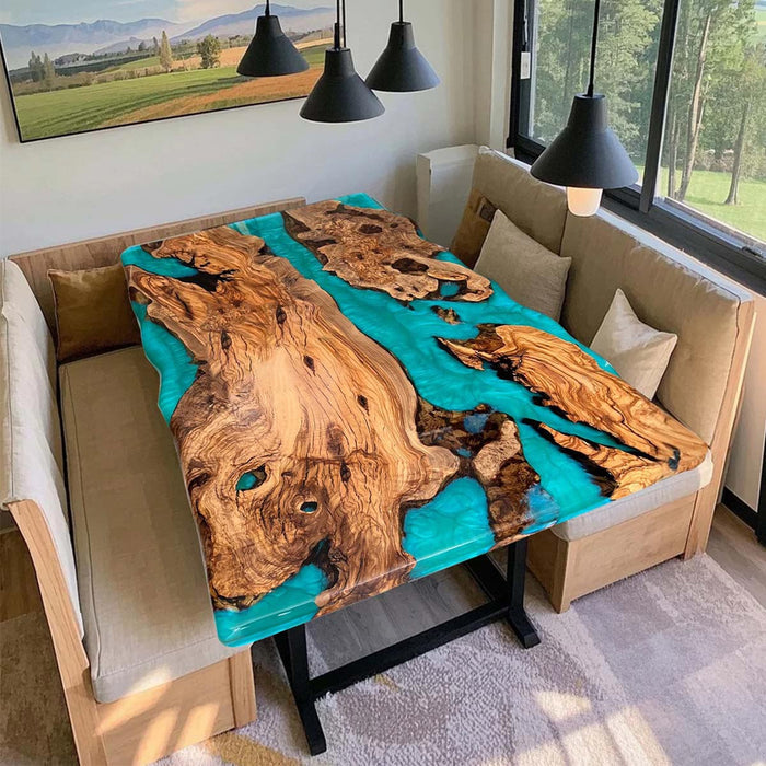 Custom Turquoise Epoxy Table with Natural Burl Wood NRT-02