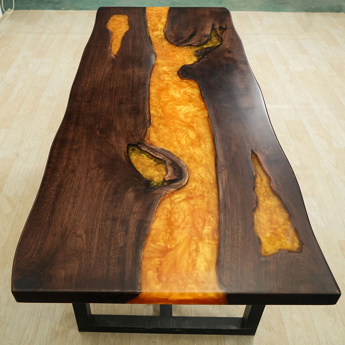 Custom Black Walnut LED Glowing Epoxy Table with LED Lights Golden Amber BRT-40