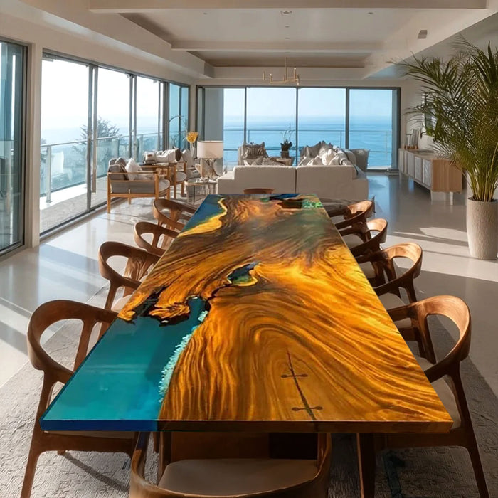Custom Luxury Walnut Epoxy Dining Table with Aqua River WRT-89