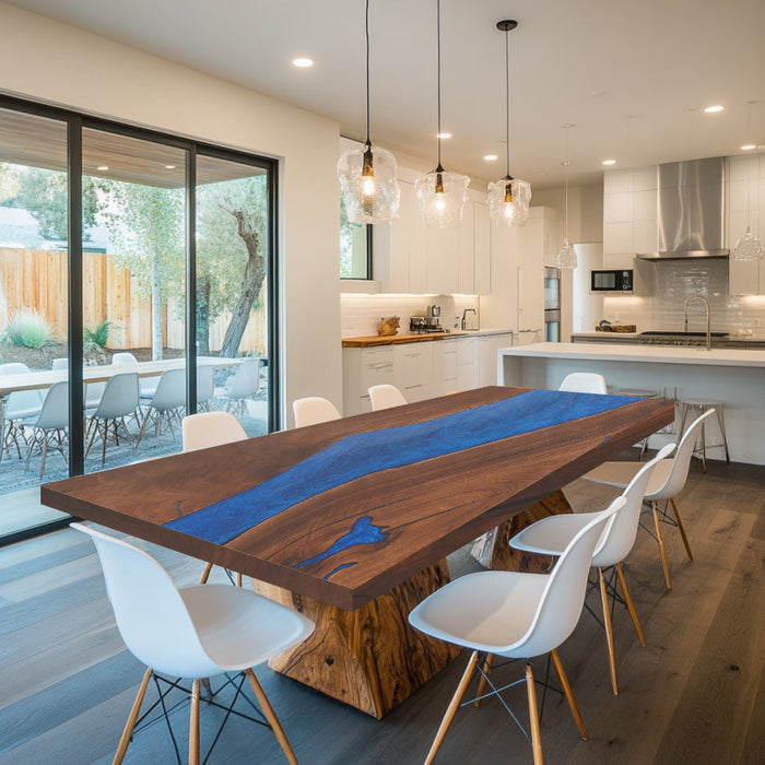 Custom Black Walnut Epoxy and Wood Dining Table Blue Resin BRT-50