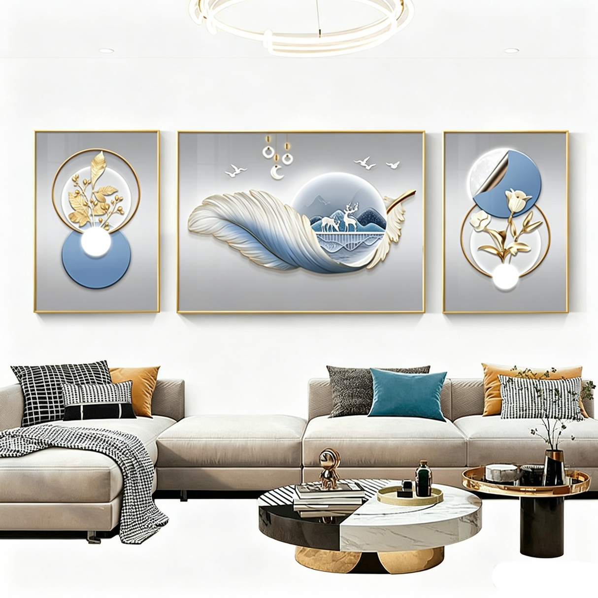Modern Light Luxury Sofa Background Wall Painting Three-panel Feather Mural for Living Room