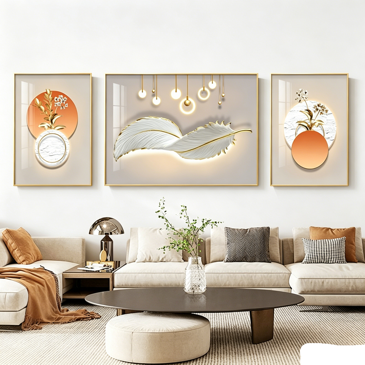 Modern Light Luxury Sofa Background Wall Painting Three-panel Feather Mural for Living Room