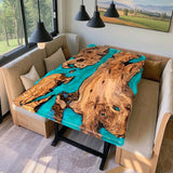 Custom Turquoise Epoxy Table with Natural Burl Wood NRT-02