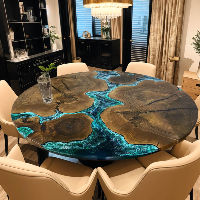 Custom Black Walnut Epoxy Resin River Round Coffee Table Blue Waves CRT-01
