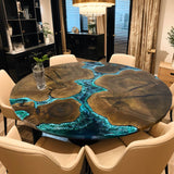 Custom Black Walnut Epoxy Resin River Round Coffee Table Blue Waves CRT-01