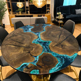 Custom Black Walnut Epoxy Resin River Round Coffee Table Blue Waves CRT-01